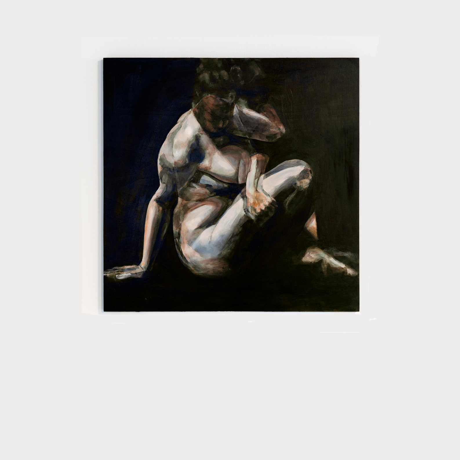 An oil painting of a nude female on a dark back ground